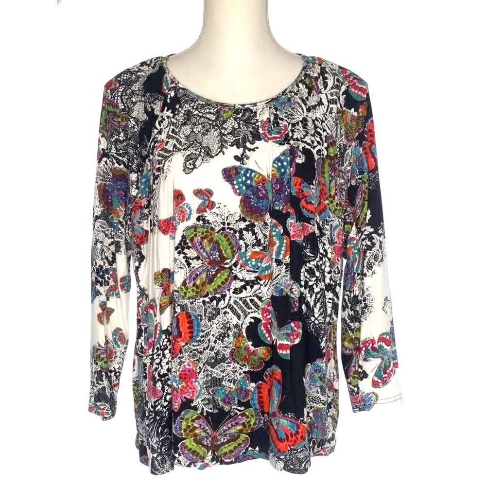 Parsley & Sage Womens Tunic Medium Asymmetric Hem Paisley Butterfly Boho Blouse